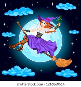 Charming witch flying on a broomstick. Pretty girl creates spell with a magic wand. Magical character for fairy tales. Cloudy night sky. Background blue moon and stars. Vector illustration. EPS 8.