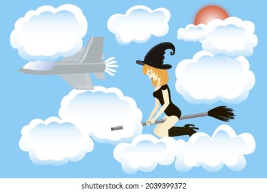 A charming witch flying on a broomstick among the clouds