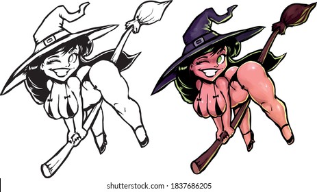 charming witch in a hat on flying on a broom and flirting