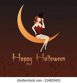 Charming witch on the moon at the background of the night sky. Invitation For Halloween. Congratulations. 