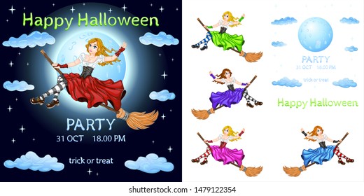 Charming witches flies on broom. Party poster, invitation, banner or flyer. October 31. Trick or treat! Happy Halloween! Separated layers. White background transparent in EPS. Vector illustration.