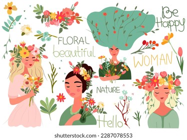 A charming woman with a floral wreath on her head and a bouquet of flowers in her hand. Vector illustration is ideal for Mothers Day cards, birthdays, banners, posters, etc. Vector illustration