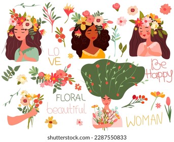 A charming woman with a floral wreath on her head and a bouquet of flowers in her hand. Vector illustration is ideal for Mothers Day cards, birthdays, banners, posters, etc. Vector illustration