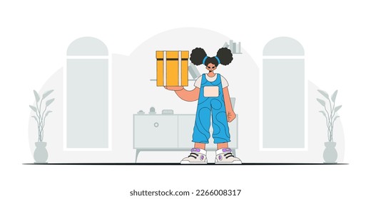 Charming woman holding a box in her hands.