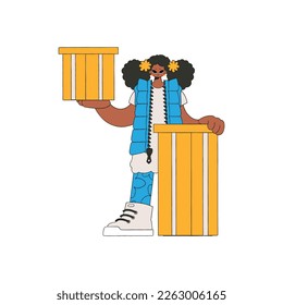 Charming woman holding boxes in her hands. Parcel and cargo transportation.