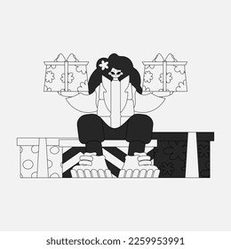 Charming woman holding a gift in her hands. Black and white style.