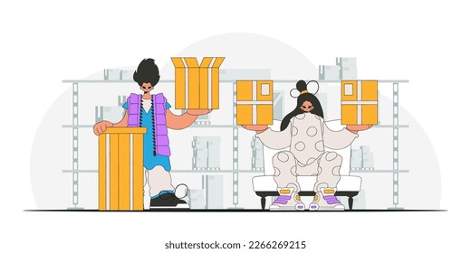 Charming woman and man are holding boxes. Parcel delivery team. A depiction of the transportation of packages and freight