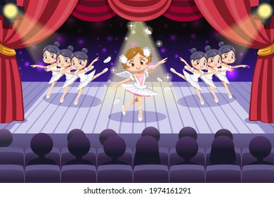 Charming woman showing Ballet with dancers perform on stage with beautiful lighting in cartoon character