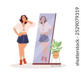 Charming woman standing in front of a mirror in a clothing store. Girl admires herself. Female character in changing room looking at apparel and outfit at mirror. Flat vector design illustration