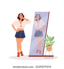 Mujer encantadora de pie delante de un espejo en una tienda de ropa. La chica se admira a sí misma. Personaje femenino en el vestuario mirando la ropa y el traje en el espejo. Ilustración de diseño de Vector plano