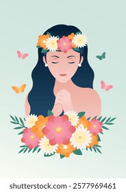 Charming Women's Day Illustration of a Woman with Flowers and Delicate Butterflies