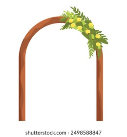 Charming wooden arch adorned with yellow flowers and lush greenery, creating a romantic ambiance