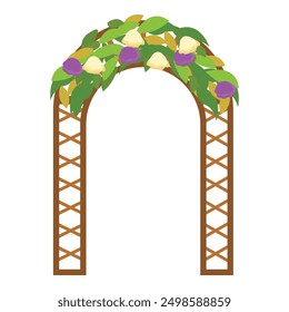 Charming wooden archway adorned with colorful flowers and lush foliage, perfect for creating a romantic ambiance at a wedding or special event