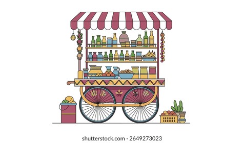 Charming Wooden Food Cart Filled with Fresh Produce and Delicious Prepared Foods on a Sunny Day