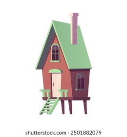 Charming wooden house with green roof and chimney. Vector illustration of cozy, elevated home with stairs and arched windows. Perfect for children's books or fantasy themes.