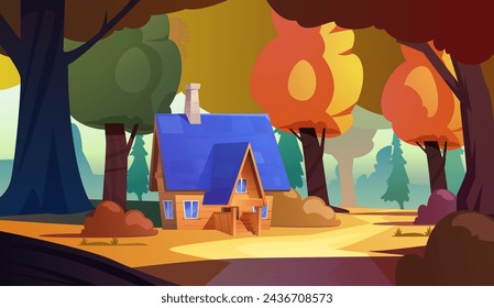 A charming wooden house nestled in an autumnal forest setting. This vector illustration showcases warm colors and a serene atmosphere, ideal for themes of nature and tranquility.