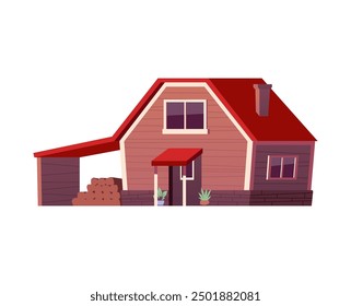 Charming wooden house with red roof and porch. Vector illustration of a quaint, inviting residence. Features large windows, chimney, and two potted plants. Cozy home design with simple, clean lines.