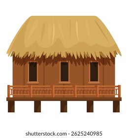 Charming wooden hut with a thatched roof stands elevated on stilts, evoking a sense of tropical tranquility and escape
