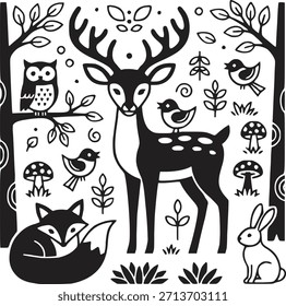 Charming Woodland Animals Composition Vector Art: Deer, Fox, Owl, Birds, and Rabbit in a Scandinavian Forest Scene, Minimalist Black and White Nature Clipart Design