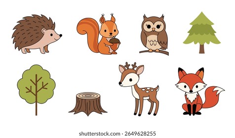 Encantadoras criaturas da floresta e elementos da floresta uma coleção deliciosa para os amantes da natureza e desenhos infantis