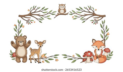 Charming woodland creatures and natural foliage create a whimsical border for your creative projects