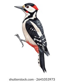 Charming  woodpecker perched on a tree trunk. Hand-painted clipart in rustic tones, perfect for nature-themed designs, DIY projects, wildlife prints, and woodland nursery decor.