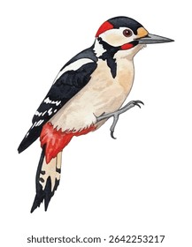 Charming  woodpecker perched on a tree trunk. Hand-painted clipart in rustic tones, perfect for nature-themed designs, DIY projects, wildlife prints, and woodland nursery decor.