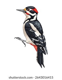 Charming  woodpecker perched on a tree trunk. Hand-painted clipart in rustic tones, perfect for nature-themed designs, DIY projects, wildlife prints, and woodland nursery decor.