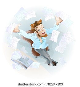 Charming worker throws papers into the air. He likes the upcoming vacation. Vector Illustration.