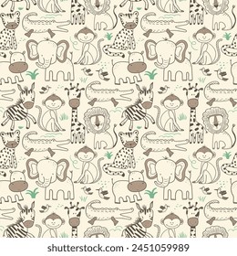 Charming world of the savanna in this seamless pattern. Features adorable cartoon animals outlined in black and white on a soothing beige backdrop, perfect for adding playful elegance to any design.