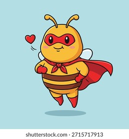 Encantador personaje de dibujos animados de abejas a rayas amarillas y marrones vestido como un superhéroe, con máscara roja, capa y guantes, volando felizmente con un corazón.