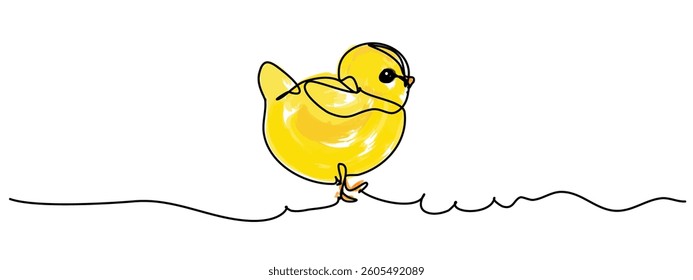 Charming yellow chick drawn in a continuous line art style, walking playfully with wings crossed. Editable vector illustration with hand-drawn feel and artistic color strokes on white 