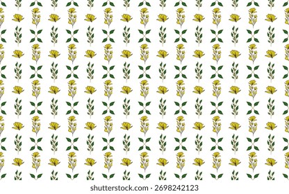 Encantador patrón floral amarillo con hojas verdes sobre un fondo blanco limpio, perfecto para diseños de primavera.