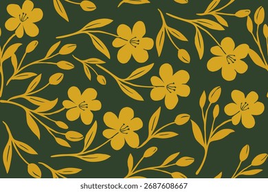 Padrão floral amarelo encantador em um fundo verde profundo, misturando elegância e natureza para tecido moderno, papel de parede e desenhos de arte digital.