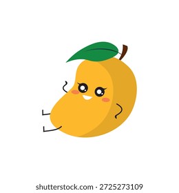Charming yellow mango illustration with cute eyes and leaf in kawaii cartoon style for vector fruit icon