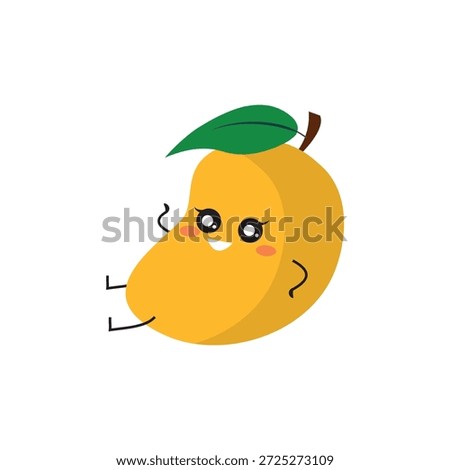 Charming yellow mango illustration with cute eyes and leaf in kawaii cartoon style for vector fruit icon