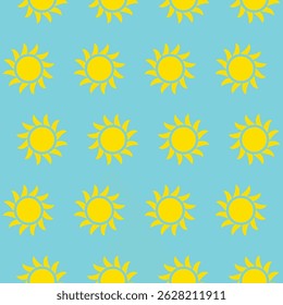 Charming yellow suns are arranged in a repeating pattern on a light blue background, evoking a sense of warmth and joy perfect for summer-themed decor or fabric designs.