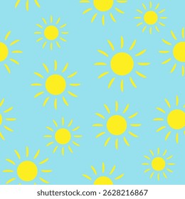 Charming yellow suns are arranged in a repeating pattern on a light blue background, evoking a sense of warmth and joy perfect for summer-themed decor or fabric designs.