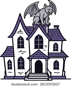 A charming yet eerie gothic haunted house illustration featuring a gargoyle statue perched on its roof. Perfect for Halloween designs and spooky themes.
