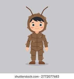 A charming young child dressed in a detailed brown insect costume, complete with antennae and segmented body design.