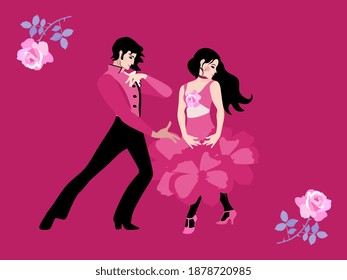 Charming young couple in love. Wedding invitation in pink colors. Tango, flamenco. Horizontal card.