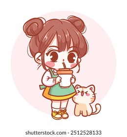 Charming young girl standing and drinking from a glass, with a cute little cat sitting beside her. Hand-drawn illustration and vector