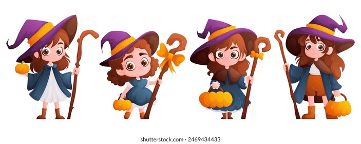 Charming young girls dressed as witches holding pumpkins, celebrating Halloween with bright, playful costumes and joyful expressions.