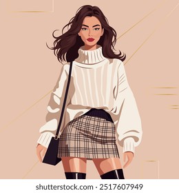 Mulher jovem encantadora em um suéter acolhedor de malha quente e saia curta xadrez. Ilustração de moda plana de vetor. Nenhuma inteligência artificial foi usada para criar a ilustração.
