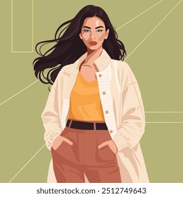 Charming young woman in a stylish autumn look. Vector flat fashion illustration. No artificial intelligence was used to create the illustration. 
