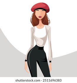 Charming young woman in a stylish beret. Vector flat fashion illustration. No artificial intelligence was used to create the illustration.
