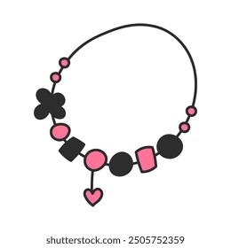 Charms Bracelet Doodle. Drawn hand jewelry and bijouterie accessory for girl and woman. 90s fashion element. Isolated vector illustration