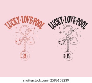 Charms design for t shirt print, poster, sticker, background and other. Bow, heart, eight ball and dice graphic design.