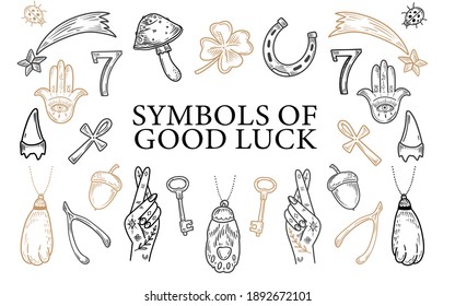 Charms of Good Luck. Hand drawn doodle Lucky symbols set. Luck symbols of wealth elements Ladybug Clover Horseshoe Wishbone 