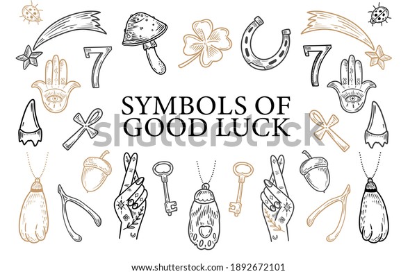 Charms\
of Good Luck. Hand drawn doodle Lucky symbols set. Luck symbols of\
wealth elements Ladybug Clover Horseshoe Wishbone\
